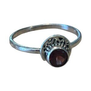 Sterling Silver 925 Garnet Crescent Moon Ornate Round Ring Size 8 Southwest Boho
